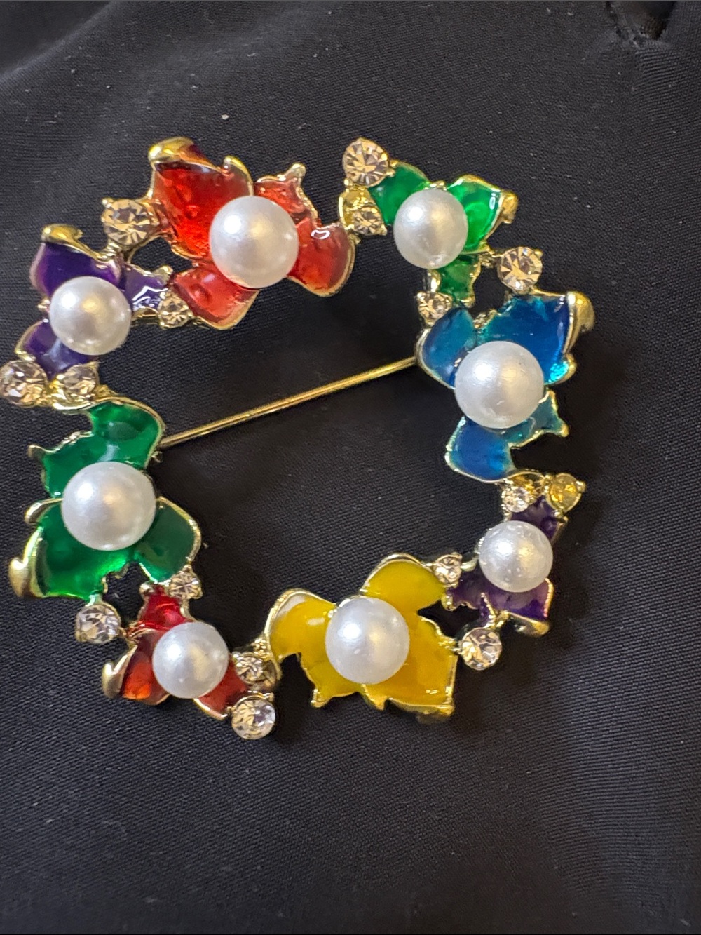 Multicolor Enamel Floral Pearl Wreath Brooch - Women Jewelry